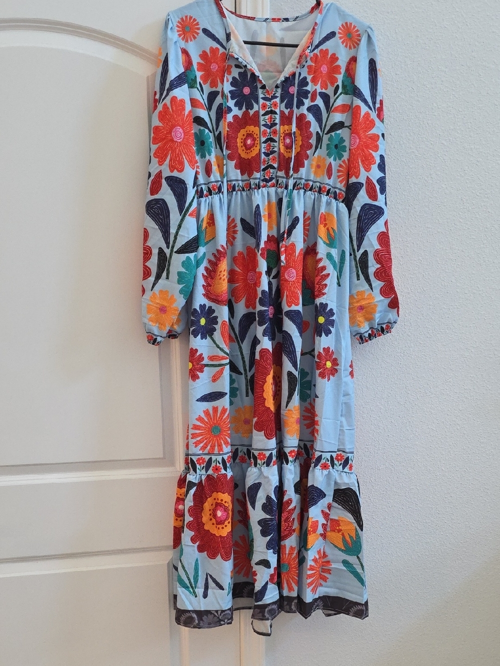 Floral Print Long Sleeve Maxi Dress - Light Blue - Picture 13 of 15